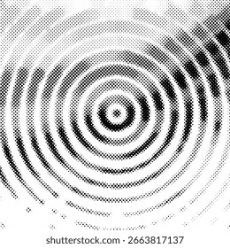 Fondo de gradiente manchado de semitono radial. Tinciones punteadas de textura concéntrica con efecto de desvanecimiento. Fondo de pantalla de sombra circular blanco y negro. Grunge Vector áspero. Fondo geométrico monocromo.
