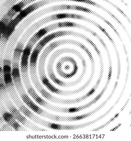 Fundo de gradiente de meio-tom radial pontilhado. Textura concêntrica com manchas pontilhadas com efeito de desvanecimento. Papel de parede de sombra círculo preto e branco. Vetor bruto Grunge. Fundo geométrico monocromático.
