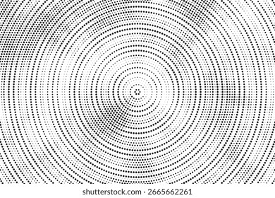 Fundo de gradiente de meio-tom radial pontilhado. Textura concêntrica com manchas pontilhadas com efeito de desvanecimento. Papel de parede de sombra círculo preto e branco. Vetor bruto Grunge. Fundo geométrico monocromático.