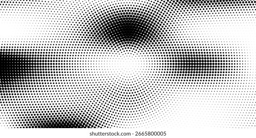 Fundo de gradiente de meio-tom radial pontilhado. Textura concêntrica com manchas pontilhadas com efeito de desvanecimento. Papel de parede de sombra círculo preto e branco. Vetor bruto Grunge. Fundo geométrico monocromático.