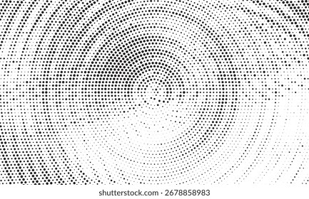 Radial halftone spotted gradient background. Dotted stains concentric texture with fading effect. Black and white circle shade wallpaper. Grunge rough vector. Monochrome geometric backdrop.	
