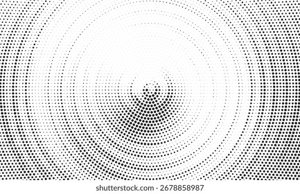 Radial halftone spotted gradient background. Dotted stains concentric texture with fading effect. Black and white circle shade wallpaper. Grunge rough vector. Monochrome geometric backdrop.	