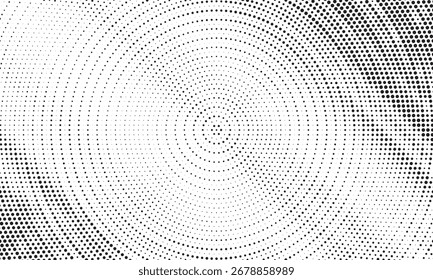 Fundo de gradiente de meio-tom radial pontilhado. Textura concêntrica com manchas pontilhadas com efeito de desvanecimento. Papel de parede de sombra círculo preto e branco. Vetor bruto Grunge. Fundo geométrico monocromático.	