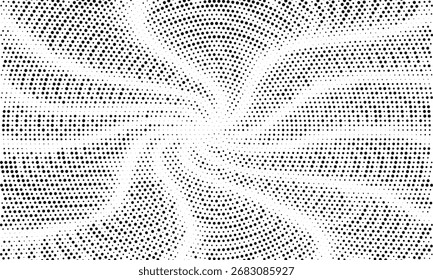 Fondo de gradiente manchado de semitono radial. Tinciones punteadas de textura concéntrica con efecto de desvanecimiento. Fondo de pantalla de sombra circular blanco y negro. Grunge Vector áspero. Fondo geométrico monocromo.