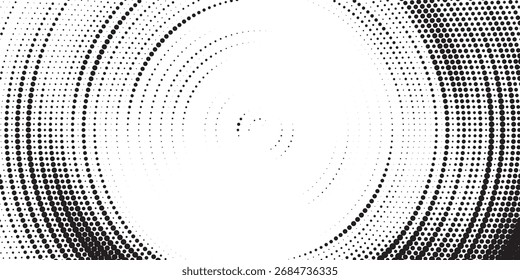 Radial halftone spotted gradient background. Dotted stains concentric texture with fading effect. Black and white circle shade wallpaper. Grunge rough vector. Monochrome geometric backdrop.