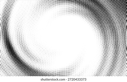 Farbverlauf-Hintergrund mit radialem Halbton-Fleck. Punktierte Flecken konzentrische Textur mit Fading-Effekt. Schwarz-weißer Kreis Schatten Tapete. Grunge rauer Vektor. Einfarbige geometrische Kulisse.