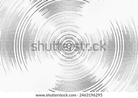 Radial halftone spotted gradient background. Dotted stains concentric texture with fading effect. Black and white circle shade wallpaper. Grunge rough vector. Monochrome geometric backdrop. 