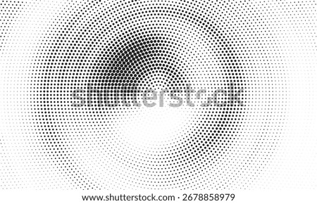 Radial halftone spotted gradient background. Dotted stains concentric texture with fading effect. Black and white circle shade wallpaper. Grunge rough vector. Monochrome geometric backdrop.	