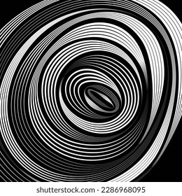 Radial illusion pattern shape, Trippy circular shape in the background, to be used for backgrounds and patterns creation, organic texture in white with a black background, Twirl motion, rounds.