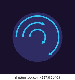 Radial infographic chart design element for dark theme. Three arrows. Customizable graph for statistical analysis. Editable component for instructional graphics. Visual data presentation