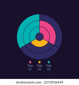 Radial infographic diagram design template for dark theme. Three rings. Market division. Editable circle infochart with different values. Visual data presentation. Myriad Pro-Bold, Regular fonts used