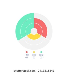 Plantilla de diseño de diagrama de infografía radial con tres anillos. División de mercado. Gráfico circular editable con valores diferentes. Presentación de datos visuales