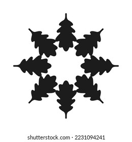 Radial inverted Oak leaves shape icon. Dark-coloured Quercus species foliage in a circular formation. Isolated on a white background.