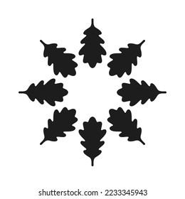 Radial inverted Oak leaves silhouette icon. Dark-coloured Quercus species foliage in a circular formation. Isolated on a white background.