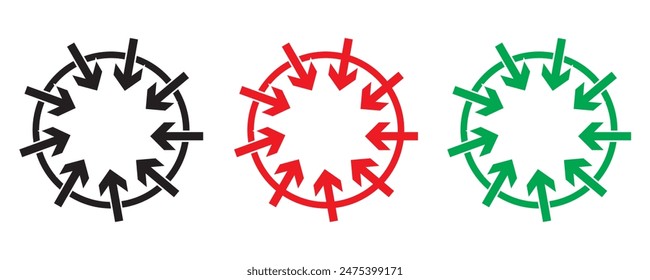 Radial inward arrow icon set. Inward arrows silhouette shape icon. Arrow pointing center vector on white and black background. vector illustration.