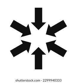 Icono de forma de silueta de flechas hacia dentro radiales. Un arreglo circular de formas de flecha negra. Aislado sobre un fondo blanco.