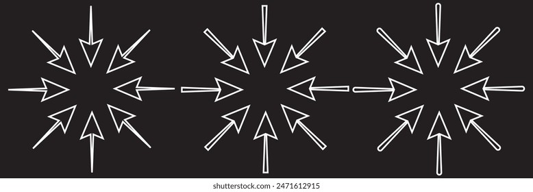 Radial inward arrows silhouette shape icon. A circular arrangement of black arrow shapes. Isolated on a white background.