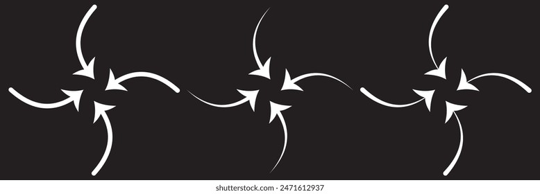 Radial inward arrows silhouette shape icon. A circular arrangement of black arrow shapes. Isolated on a white background.