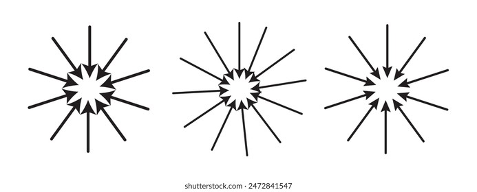 Radial inward arrows silhouette shape icon. A circular arrangement of black arrow shapes. Isolated on a white background.