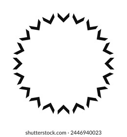 Radial inward pointing, chevron circle icon. A group of black v-shape symbols isolated on a white background.