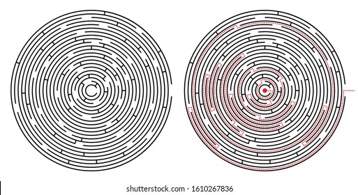 Radial labyrinth maze vector design, children game to play, find way out.