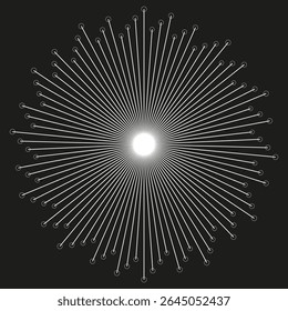 Radial light burst. Central bright spot. Black background rays. Vector sunburst pattern.