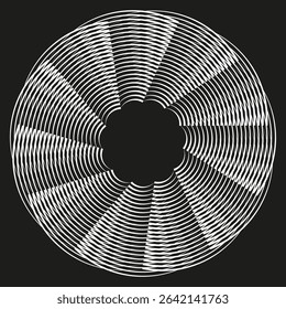 Radial line circle. Abstract fan symbol. Dynamic spoke Vector. Monochrome motion design.