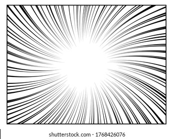Dibujo de línea radial. Acción, líneas de velocidad, rayas para la plantilla de libro de manga negra. Antecedentes de historietas. Marco abstracto dinámico de franjas de velocidad. Ilustración del vector