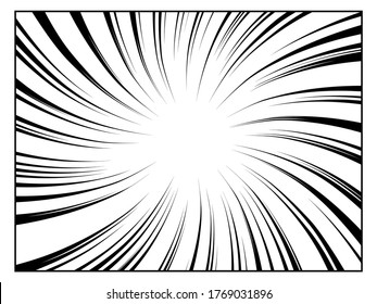 Radial line drawing. Action, speed lines, stripes for black manga book template. Comic book background. Dynamic, speed stripes abstract frame. Vector illustration