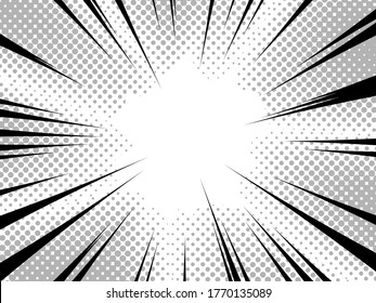 Radial Line Drawing. Action, Speed Lines, Stripes For Black Manga Book Template. Comic Book Background. Dynamic, Speed Stripes Abstract Frame. Vector Illustration