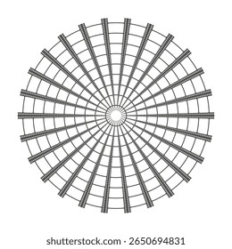 Radial line pattern. Concentric circle design. Geometric fan shape. Monochrome vortex illustration.