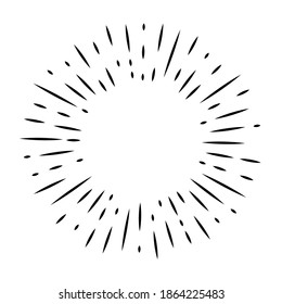 Radial line. Random rays. Circle black frame isolated on white background. Border sunburst. Ring boarder. Round splatter sun. Ripple spot paint. Linear shape. Ray lines for design prints. Vector