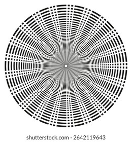 Radial line shape. Circular striped pattern. Abstract symmetry vector. Optical illusion form.
