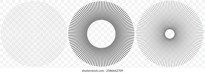 Radial lines abstract geometric element. Spokes, radiating stripes. Black concentric circle set. Sonar or sound wave ring collection. Dotted and linear target, radar icon concept. EPS 10.