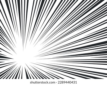 Fondo de líneas radiales para la ilustración vectorial de diseño monocromo negro de historietas. Marco de velocidad de la manga superhéroe acción explosión de explosión fondo perspectiva rayas movimiento fondo de pared borde círculo