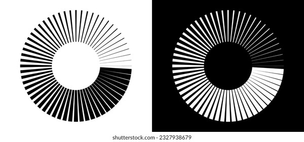 Radial lines of different thickness, as a logo or abstract background. A rotating circle like a loading sign. Black circle on a white background and the same white circle on the black side. svg