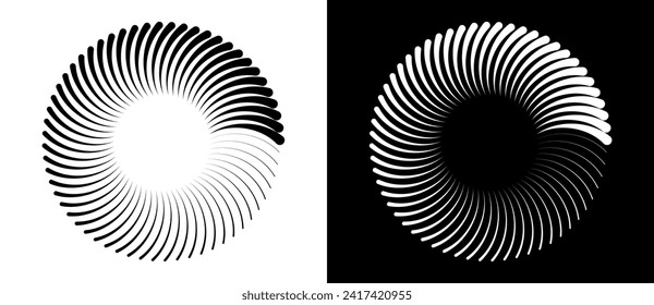 Radial lines of different thickness, as a logo or abstract background. A rotating circle like a loading sign. Black shape on a white background and the same white shape on the black side.