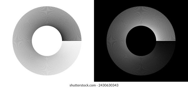 Líneas radiales de diferente grosor, como logotipo o fondo abstracto. Un círculo giratorio como una señal de carga. Círculo negro sobre fondo blanco y el mismo círculo blanco en el lado negro.