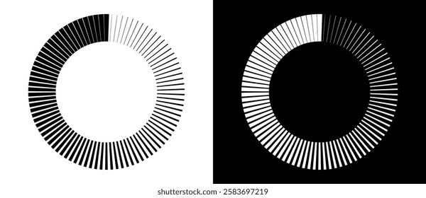 Radial lines of different thickness, as a logo or abstract background. A rotating circle like a loading sign. Black circle on a white background and the same white circle on the black side.