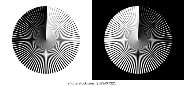 Radial lines of different thickness, as a logo or abstract background. A rotating circle like a loading sign. Black circle on a white background and the same white circle on the black side.