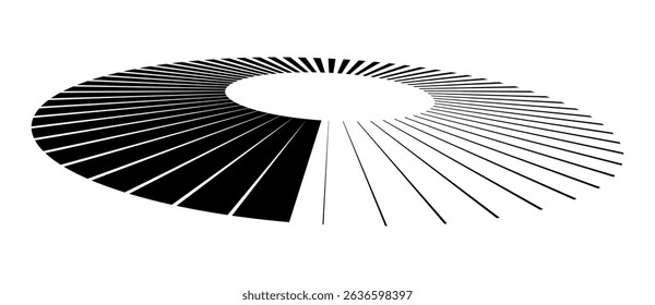 Linhas radiais de espessura diferente, como um logotipo ou fundo abstrato. Um círculo giratório como um sinal de carregamento. Visão em perspectiva com distorção. Círculo preto em um fundo branco.