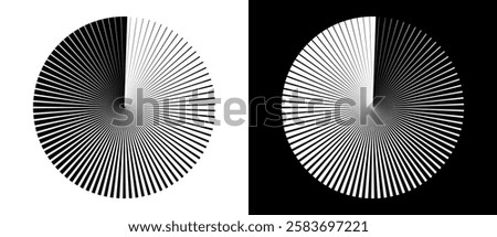 Radial lines of different thickness, as a logo or abstract background. A rotating circle like a loading sign. Black circle on a white background and the same white circle on the black side.