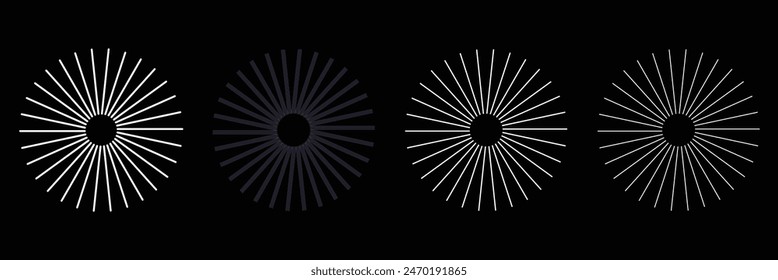 Radial lines with different thicknesses in a circle. Rotating lines in spiral form. Vector monochrome illustration. Starburst round Logo. Spiral vector design element. Sunburst . Radial circle lines. 