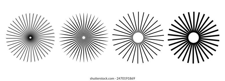 Radial lines with different thicknesses in a circle. Rotating lines in spiral form. Vector monochrome illustration. Starburst round Logo. Spiral vector design element. Sunburst . Radial circle lines. 