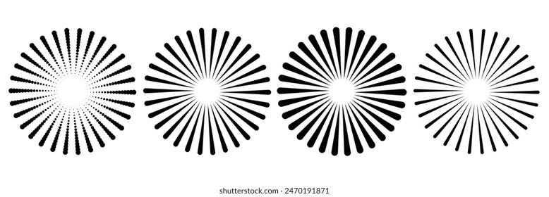 Radial lines with different thicknesses in a circle. Rotating lines in spiral form. Vector monochrome illustration. Starburst round Logo. Spiral vector design element. Sunburst . Radial circle lines. 