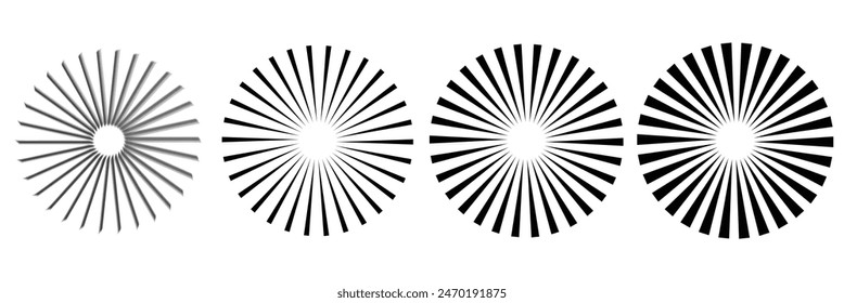 Radial lines with different thicknesses in a circle. Rotating lines in spiral form. Vector monochrome illustration. Starburst round Logo. Spiral vector design element. Sunburst . Radial circle lines. 