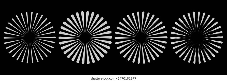 Radial lines with different thicknesses in a circle. Rotating lines in spiral form. Vector monochrome illustration. Starburst round Logo. Spiral vector design element. Sunburst . Radial circle lines. 