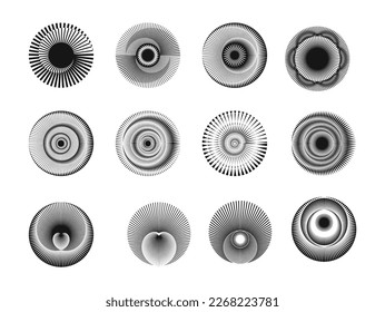 Radiallinien in geometrischer Rundform. Sun-Logo. Muster der Geschwindigkeitslinien rückwärts. Runde Drehbewegung und Kurvenbewegung mit modernen Symbolen.