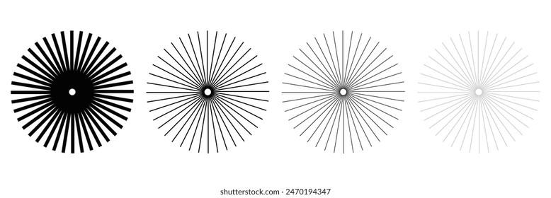 Radial lines in geometric round form. Sun logo. Retro speed lines pattern. Round swirl and curve movement spiral modern symbols. Radial circle lines. Eps10.