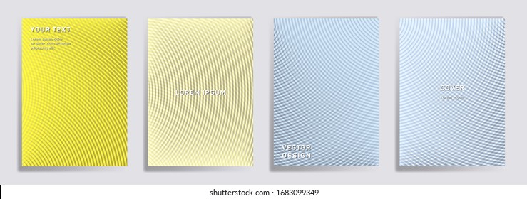 Radial lines halftone grid covers vector collection. Minimal brochure title page layouts. Banners, posters, flyers backgrounds with halftone gradient patterns. Overlaping semicircles prints.
